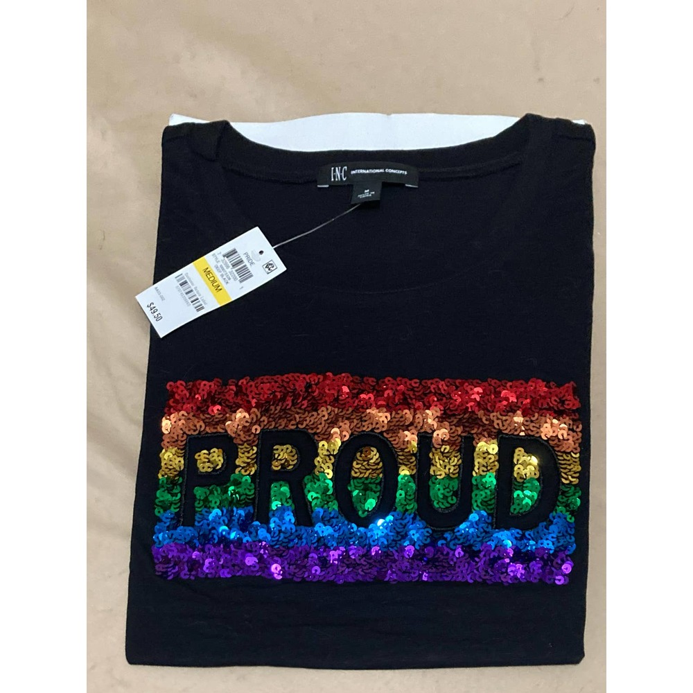 NWT Womans Proud Tie-Front Pride Rainbow Sparkle T-Shirt Size M